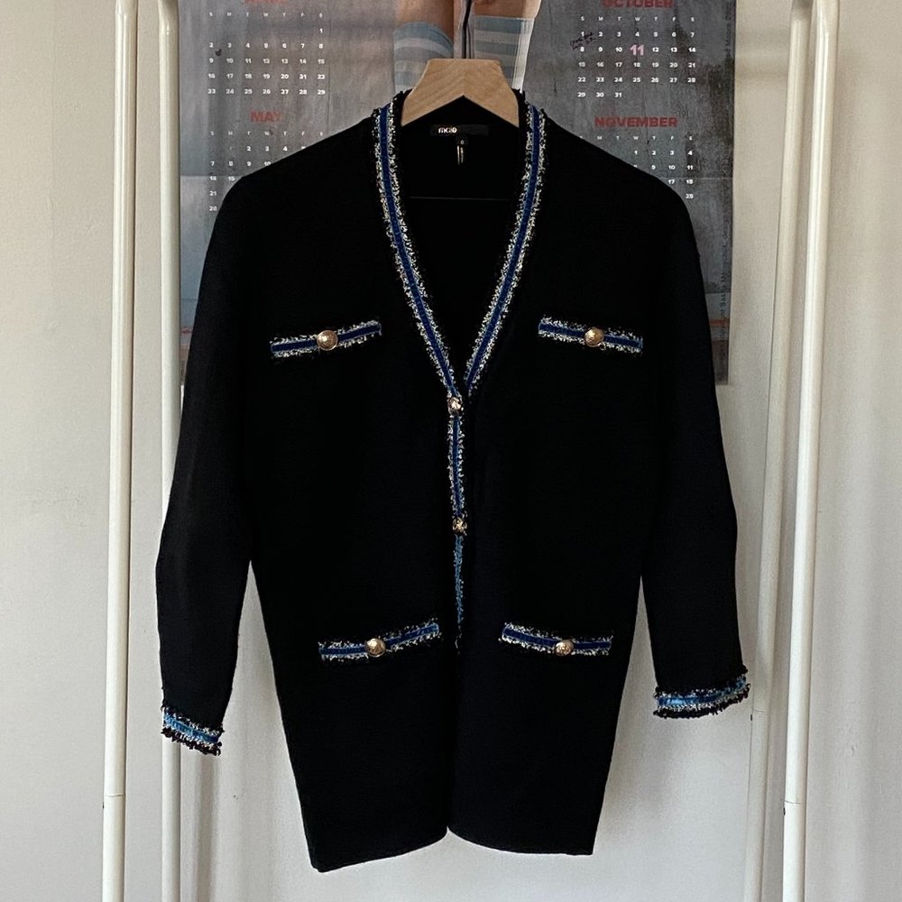 Maje Myster Striped Metallic Trimmed Knit Cardigan